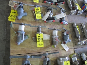 LOT (4) TO INCLUDE: (1) VALVE, GLOBE TYPE, 3/4" SIZE, 600 LB, 1030 LB/650 DEGREE F RATING, 316 SS MATERIAL, SOCKET WELD CONNECTIONS, SA182 SPECIFICATION, SCREWED YOKE STYLE, HARD FACED SEAT AND DISC, INCONEL DIAPHRAGM TRIM, PACKING SOFTGOODS, T-HANDLE OPERATOR. PAINT CODE N. PART # SC-D-9954X01-(2), (1) VALVE, GLOBE TYPE, 1" SIZE, 600 LB, 1030 LB/650 DEGREE F RATING, CARBON STL MATERIAL, SOCKET WELD CONNECTIONS, A105 SPECIFICATION, SCREWED YOKE STYLE, HARD FACED SEAT AND INCONEL DISC TRIM. PAINT CODE N, PART # SC-D-9916X01-BW4-(2), (1) VALVE, GLOBE TYPE, 3/4" SIZE, 1500 LB RATING, 316 SS MATERIAL, BUTT WELD CONNECTIONS, SA182 SPECIFICATION, SCREWED YOKE STYLE, HARD FACED SEAT AND DISC, INCONEL DIAPHRAGM TRIM, PACKING SOFTGOODS, T-HANDLE OPERATOR. ANGLED CONSTRUCTION. PART # SC-D-9954BW8-(2), (1) VALVE, GLOBE TYPE, 1" SIZE, 600 LB, 1030 LB/650 DEGREE F RATING, CARBON STL MATERIAL, FEMALE THD CONNECTIONS, SA105 SPECIFICATION, THD BONNET STYLE, HARD FACED SEAT AND DISC TRIM, 4" HANDWHEEL OPERATOR. INLINE, PAINT CODE N, PART # SC-D-20608BGPX (W-51) LOADING & HANDLING FEE $15-